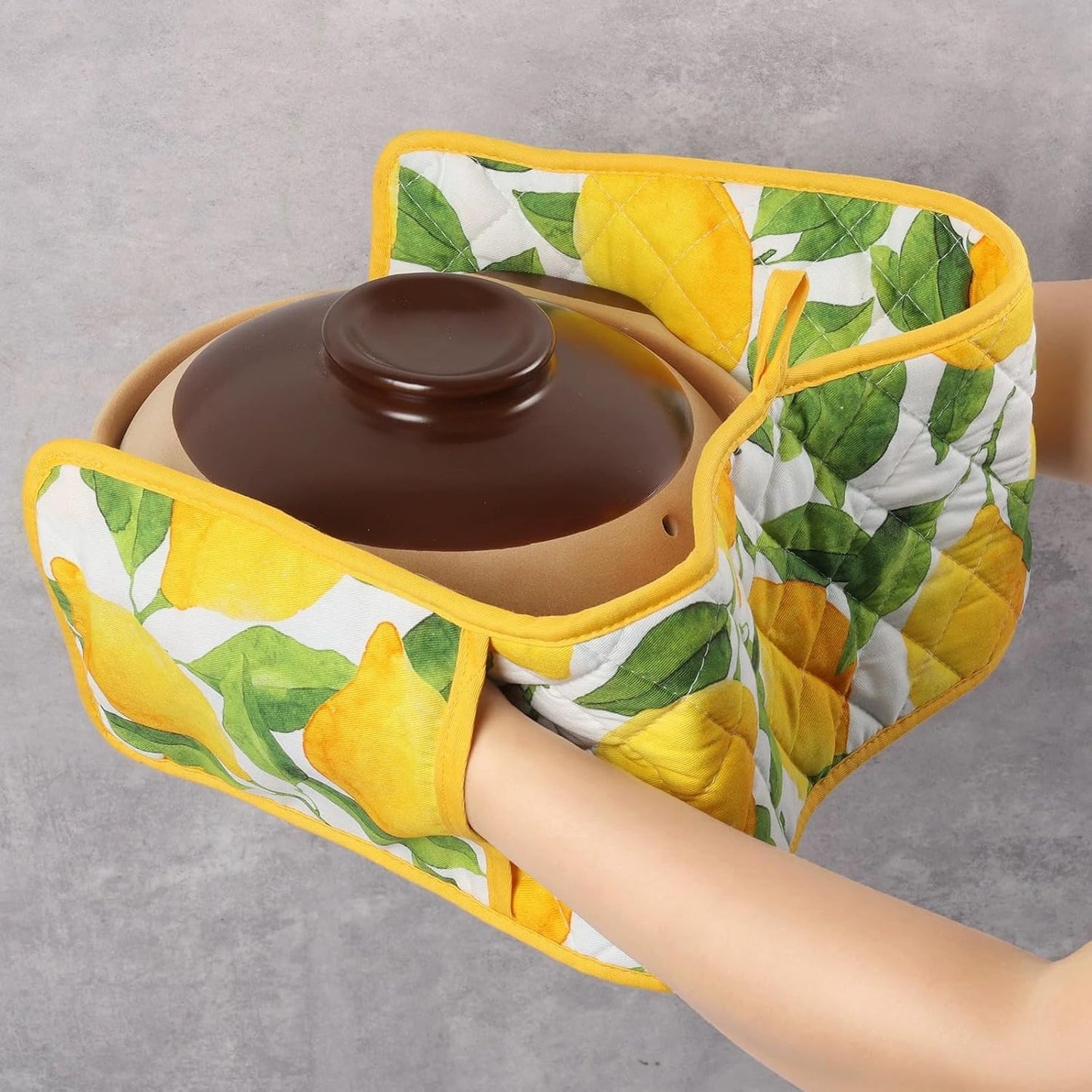 Yellow Double Oven Mitt Lemon Decor Heat Resistant Non-Slip Kitchen Cotton Gloves Extra Long for Kitchen Cooking Baking Barbecue Grilling
