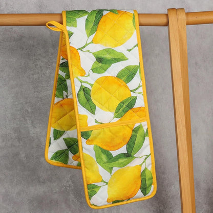 Yellow Double Oven Mitt Lemon Decor Heat Resistant Non-Slip Kitchen Cotton Gloves Extra Long for Kitchen Cooking Baking Barbecue Grilling