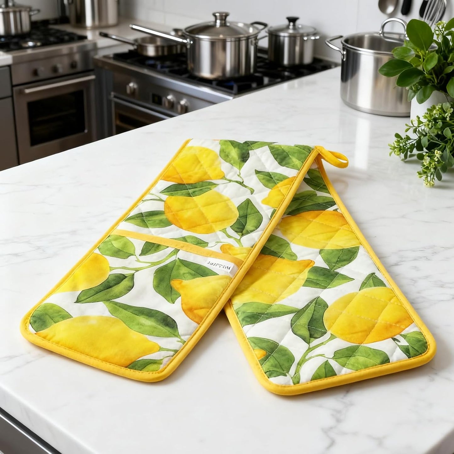 Yellow Double Oven Mitt Lemon Decor Heat Resistant Non-Slip Kitchen Cotton Gloves Extra Long for Kitchen Cooking Baking Barbecue Grilling