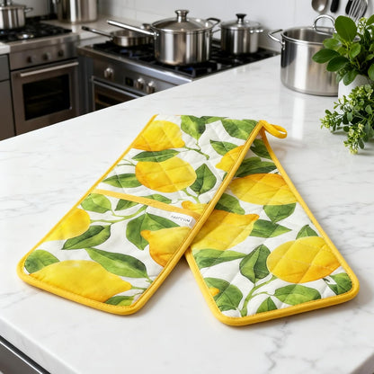 Yellow Double Oven Mitt Lemon Decor Heat Resistant Non-Slip Kitchen Cotton Gloves Extra Long for Kitchen Cooking Baking Barbecue Grilling