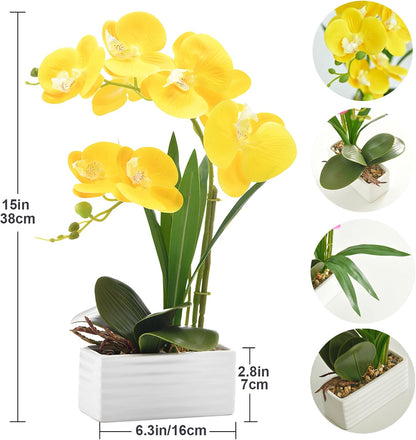 Artificial Real Touch Orchid Flowers with White Ceramic Vase, Yellow | Fake Phalaenopsis Arrangement, for Home Table Office Wedding Party Decoration