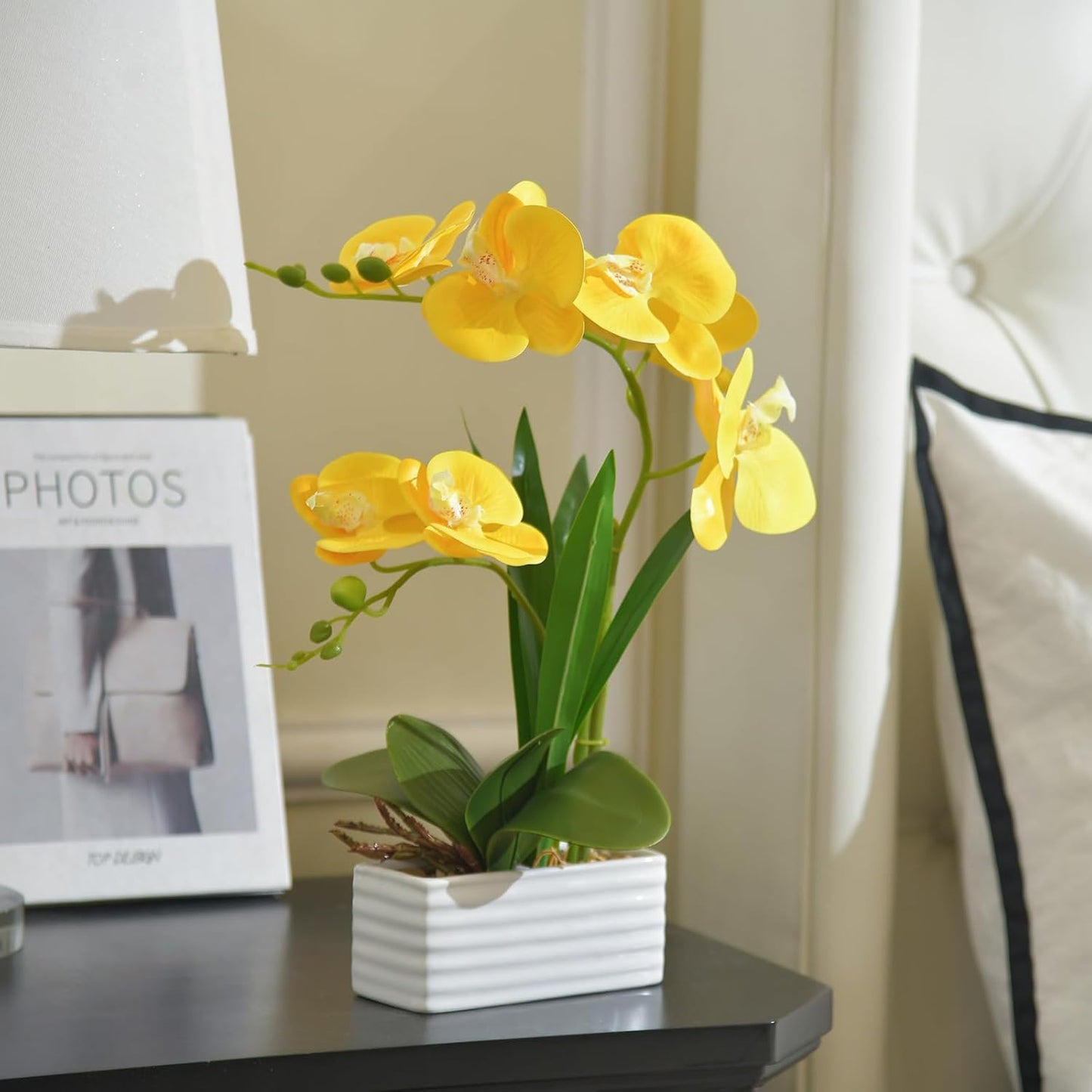 Artificial Real Touch Orchid Flowers with White Ceramic Vase, Yellow | Fake Phalaenopsis Arrangement, for Home Table Office Wedding Party Decoration