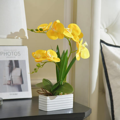 Artificial Real Touch Orchid Flowers with White Ceramic Vase, Yellow | Fake Phalaenopsis Arrangement, for Home Table Office Wedding Party Decoration