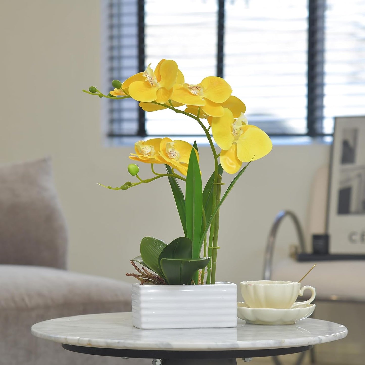 Artificial Real Touch Orchid Flowers with White Ceramic Vase, Yellow | Fake Phalaenopsis Arrangement, for Home Table Office Wedding Party Decoration