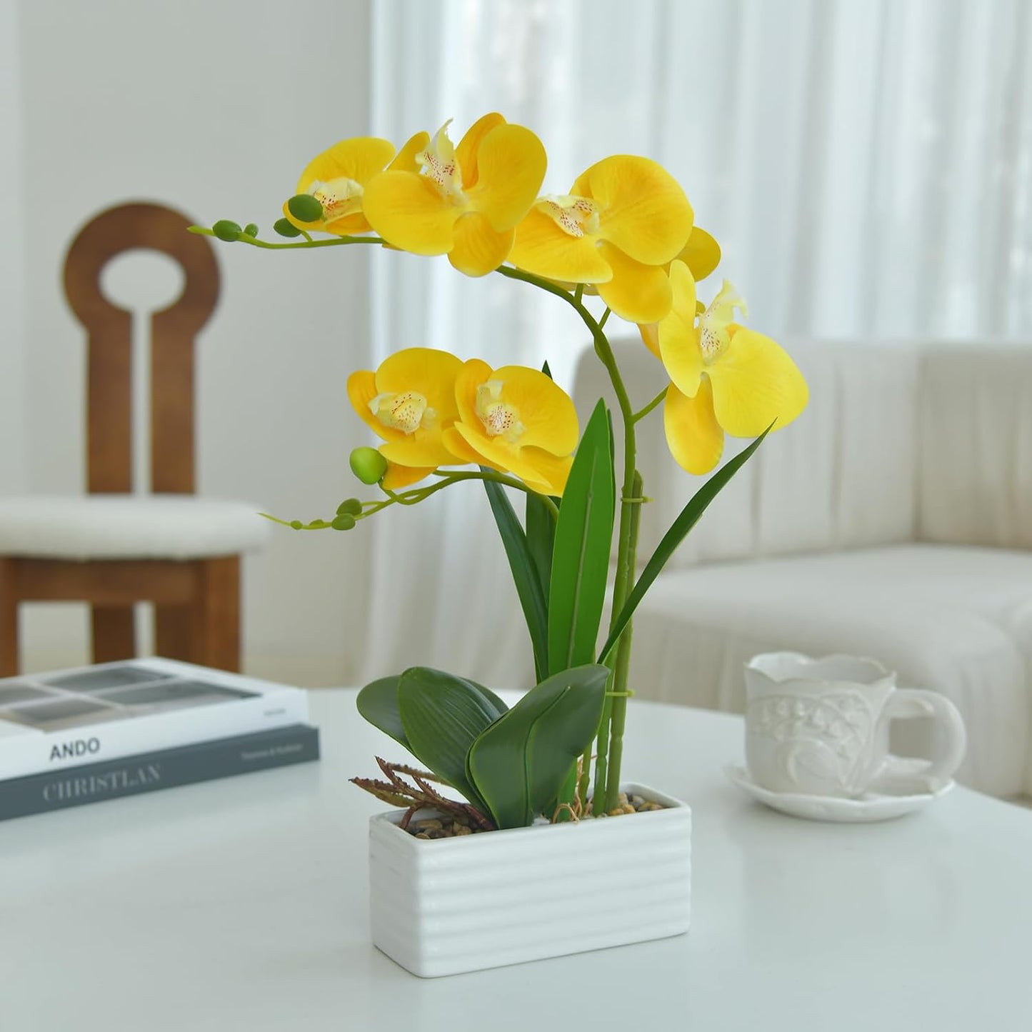 Artificial Real Touch Orchid Flowers with White Ceramic Vase, Yellow | Fake Phalaenopsis Arrangement, for Home Table Office Wedding Party Decoration