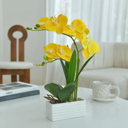Artificial Real Touch Orchid Flowers with White Ceramic Vase, Yellow | Fake Phalaenopsis Arrangement, for Home Table Office Wedding Party Decoration
