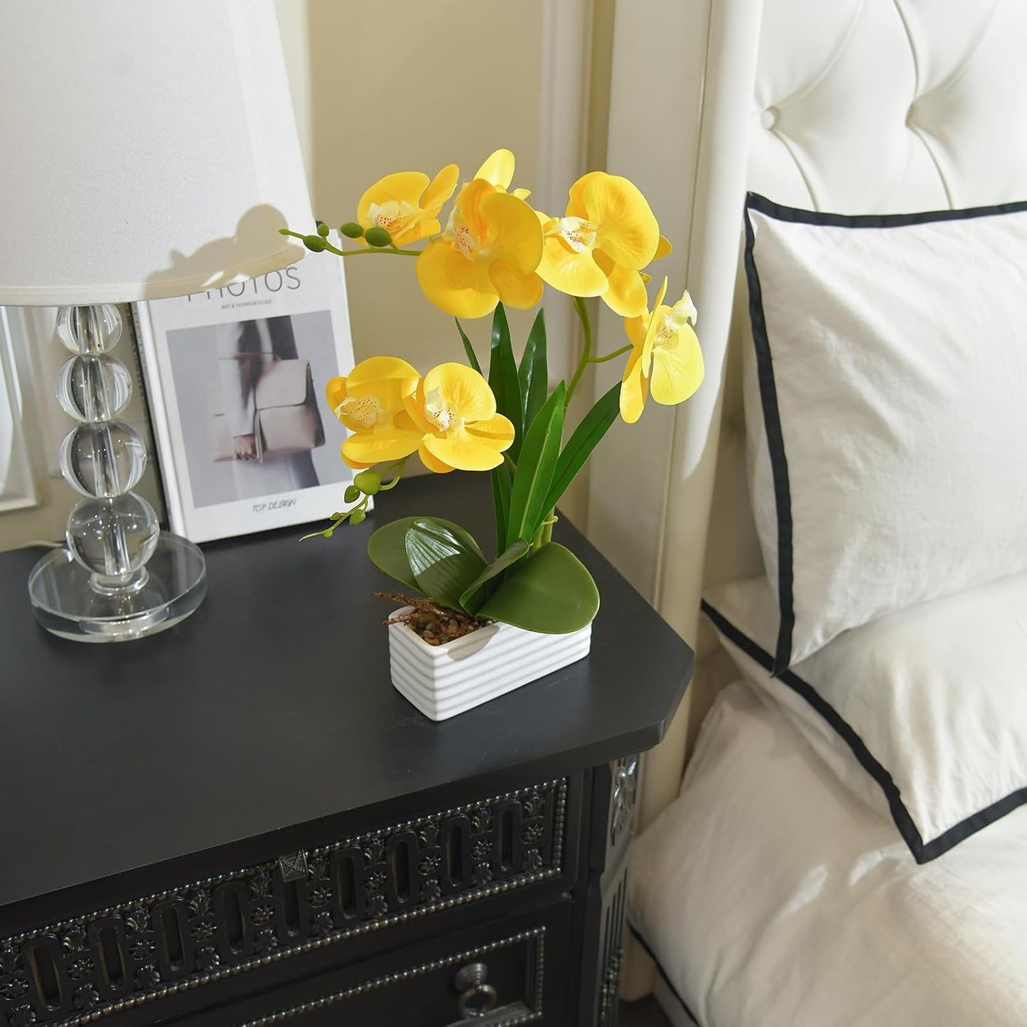 Artificial Real Touch Orchid Flowers with White Ceramic Vase, Yellow | Fake Phalaenopsis Arrangement, for Home Table Office Wedding Party Decoration