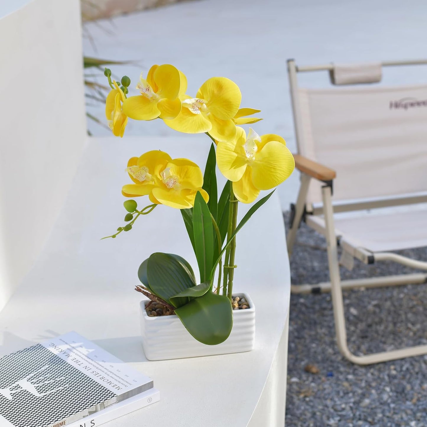 Artificial Real Touch Orchid Flowers with White Ceramic Vase, Yellow | Fake Phalaenopsis Arrangement, for Home Table Office Wedding Party Decoration