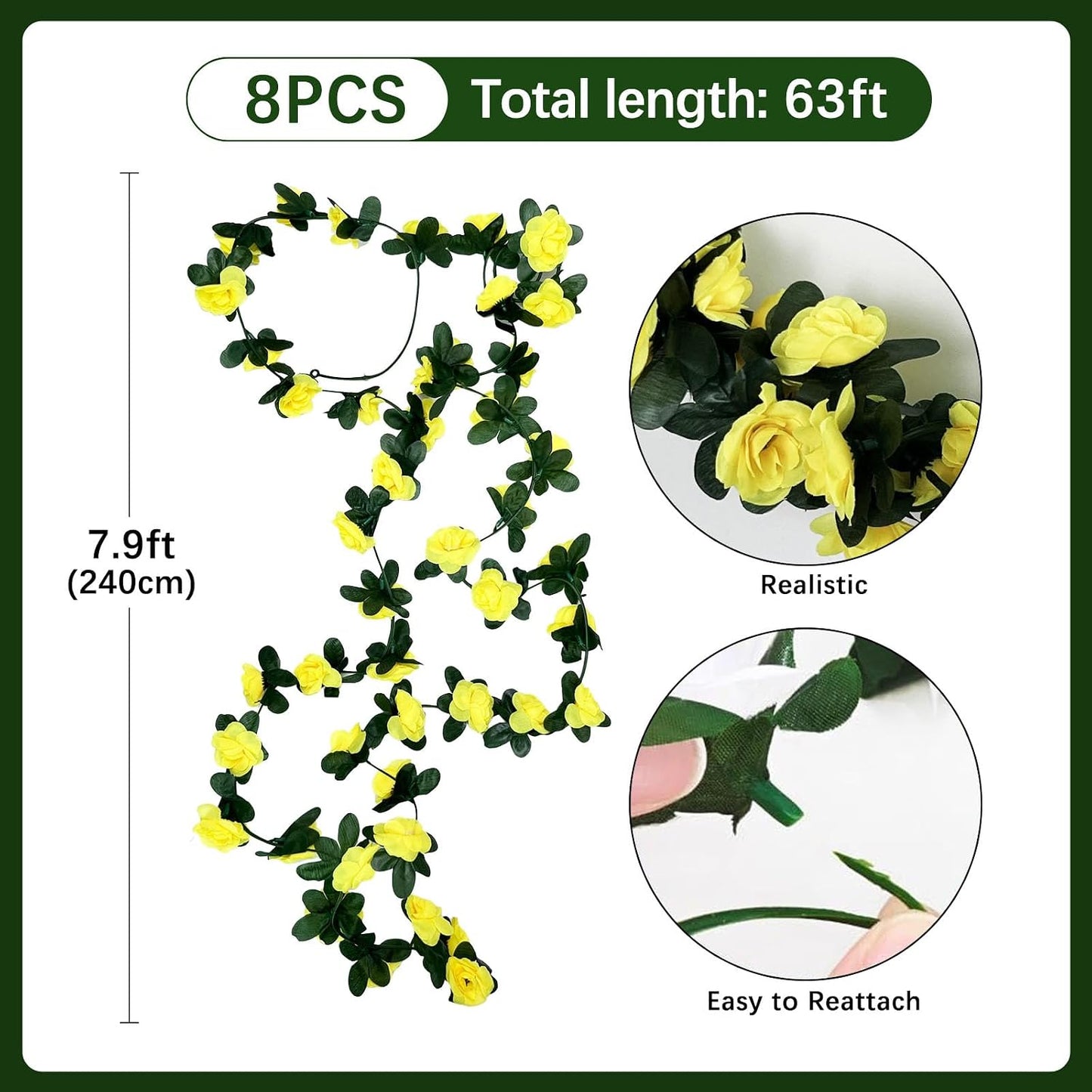 8Pcs 63Ft Yellow Rose Garland, Fake Flower Vines, Artificial Vine Flowers, Rose Hanging Garland for Party Wedding, Garden, Room Table, Christmas, Backdrop Wall Arch Decor