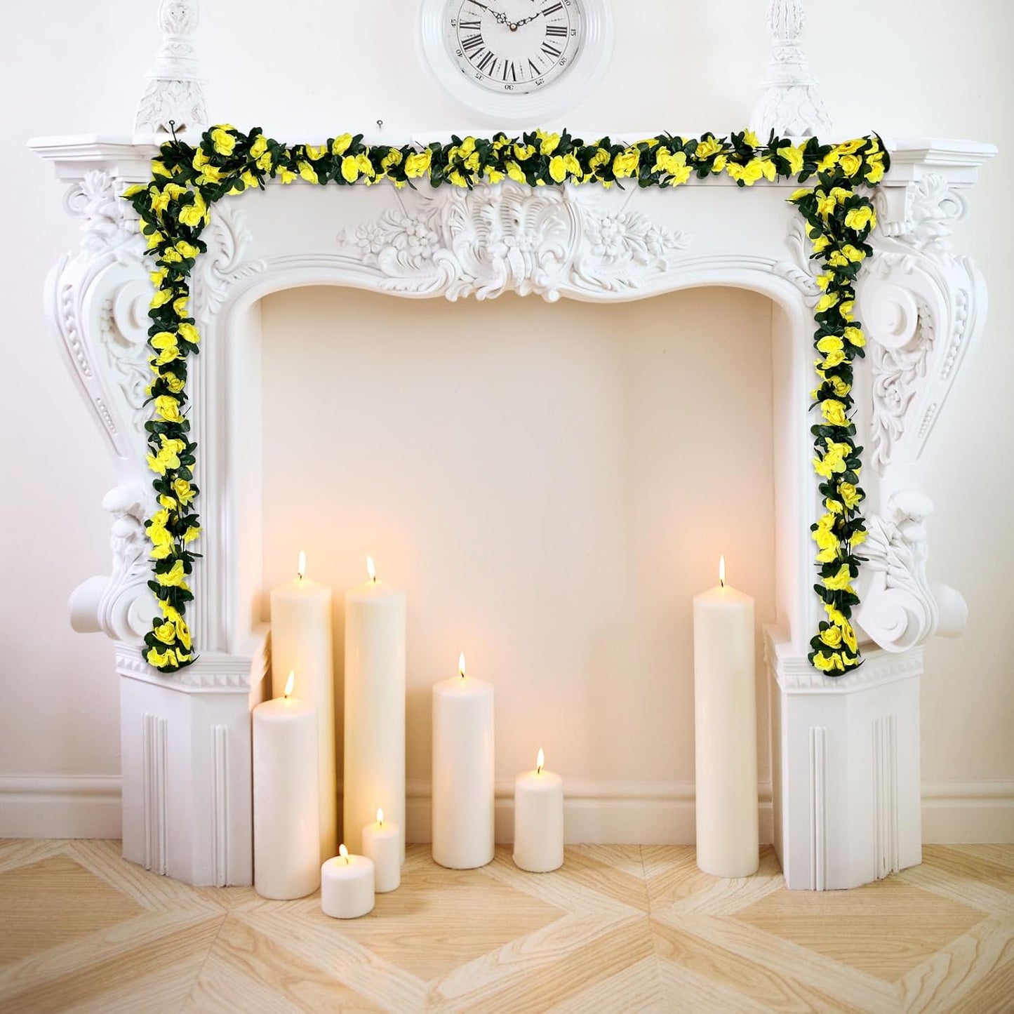 8Pcs 63Ft Yellow Rose Garland, Fake Flower Vines, Artificial Vine Flowers, Rose Hanging Garland for Party Wedding, Garden, Room Table, Christmas, Backdrop Wall Arch Decor