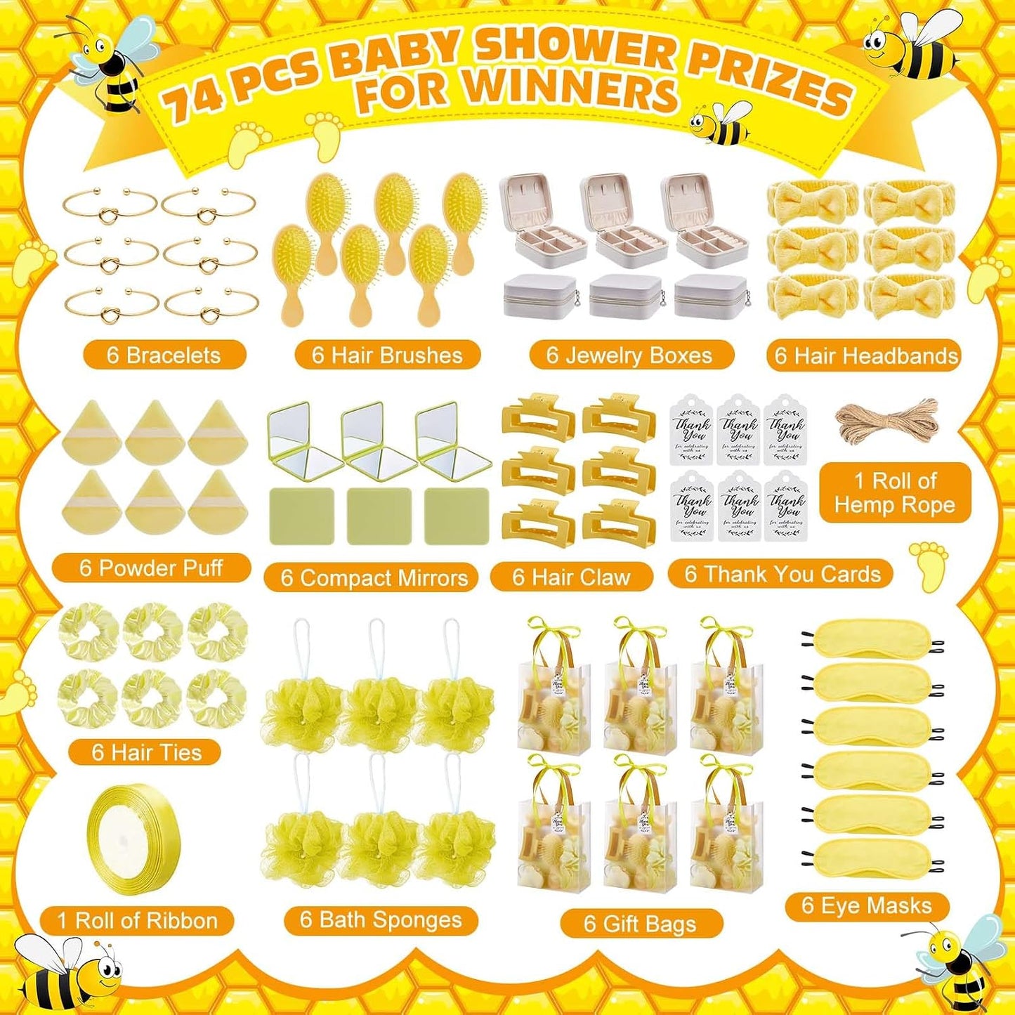 74Pcs Baby Shower Prizes for Game Winners Baby Shower Favors Gifts including Headband Hair Brush Jewelry Box with Gift Bag for Baby Shower Game Prizes Wedding Bridal Shower Favors (Yellow)