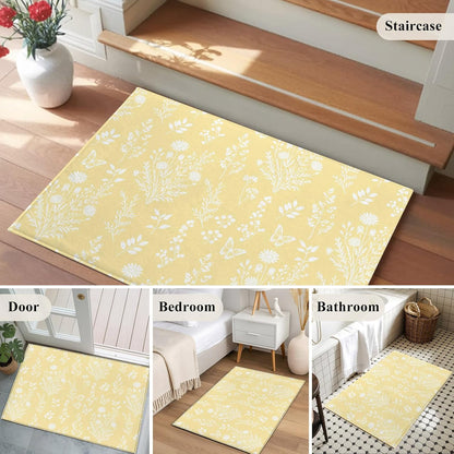 2x3 Bathroom Rugs, Light Yellow Botanical Washable Entryway Rug for Hallway Floor, Spring Summer Chic Wildflowers Non Slip Area Rugs Low Pile Carpet for Home Decor