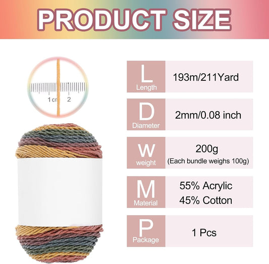 Cotton Acrylic Yarn for Crocheting, 211 Yard 5 Ply Soft Gradient Yarn Acrylic 45% Cotton 55% Used for DIY Knitting Blankets Scarves(1 Packx100g,Yellow,Green,Red,Purple,Blue)