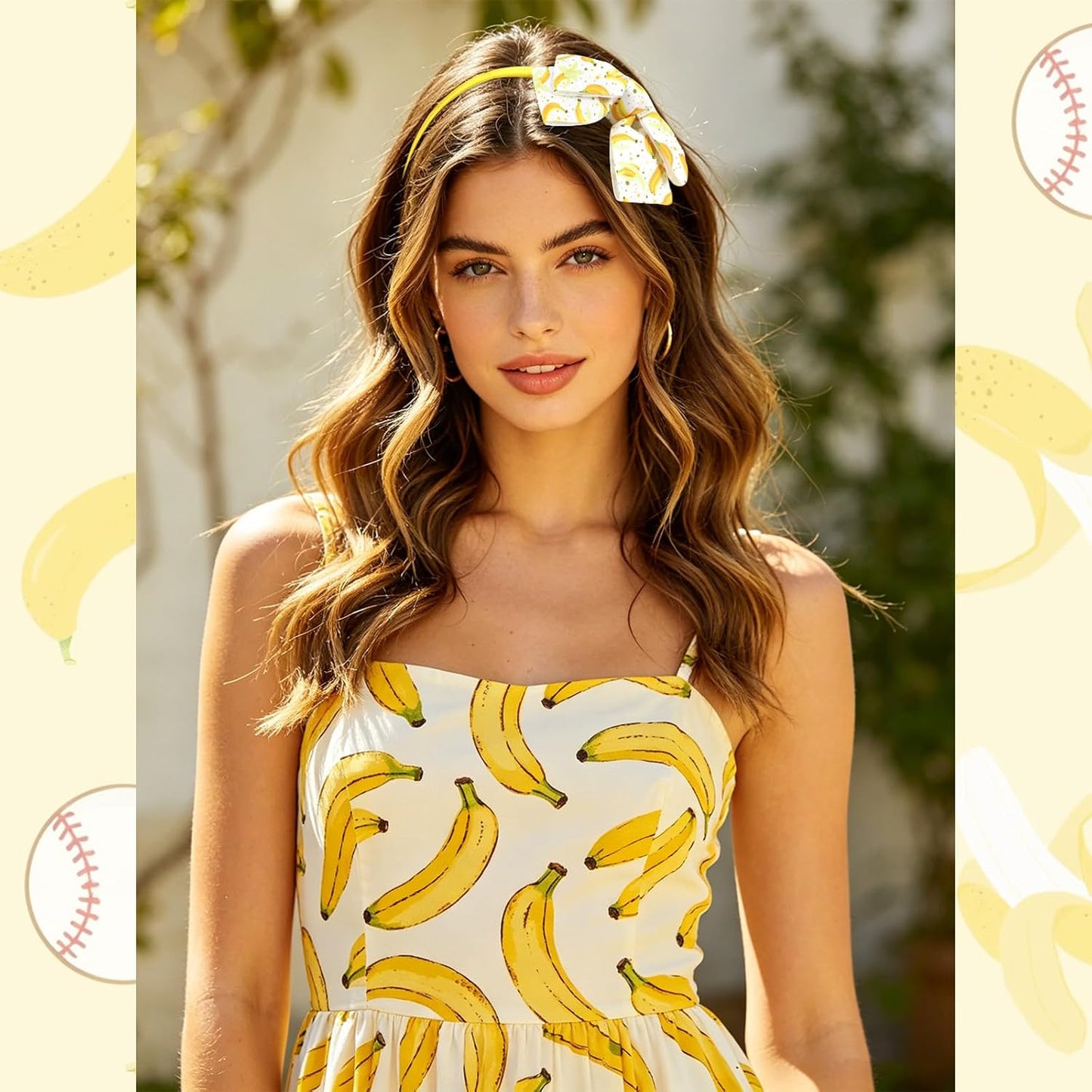 Banana Bow Headband Yellow Grosgrain Headband Tropical Fruit Pattern Hair Accessory for Women Summer Party & Daily Wear
