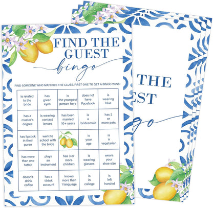 Mediterranean Lemon Find The Guest Bingo Bridal Shower Game, Pack of 30 Game Cards, Bridal Shower Decorations, Wedding Engagement Decor, Bachelorette Party Supplies - KR27