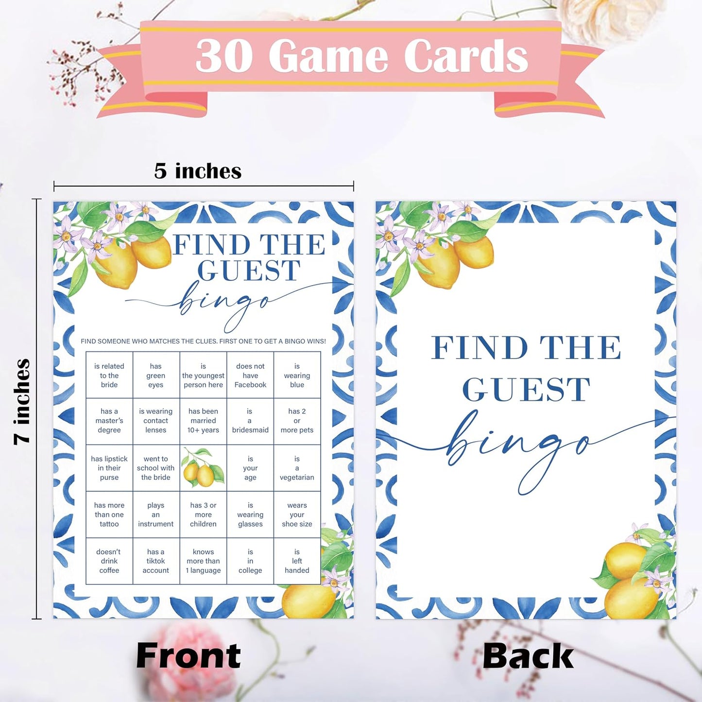 Mediterranean Lemon Find The Guest Bingo Bridal Shower Game, Pack of 30 Game Cards, Bridal Shower Decorations, Wedding Engagement Decor, Bachelorette Party Supplies - KR27