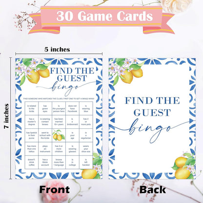 Mediterranean Lemon Find The Guest Bingo Bridal Shower Game, Pack of 30 Game Cards, Bridal Shower Decorations, Wedding Engagement Decor, Bachelorette Party Supplies - KR27