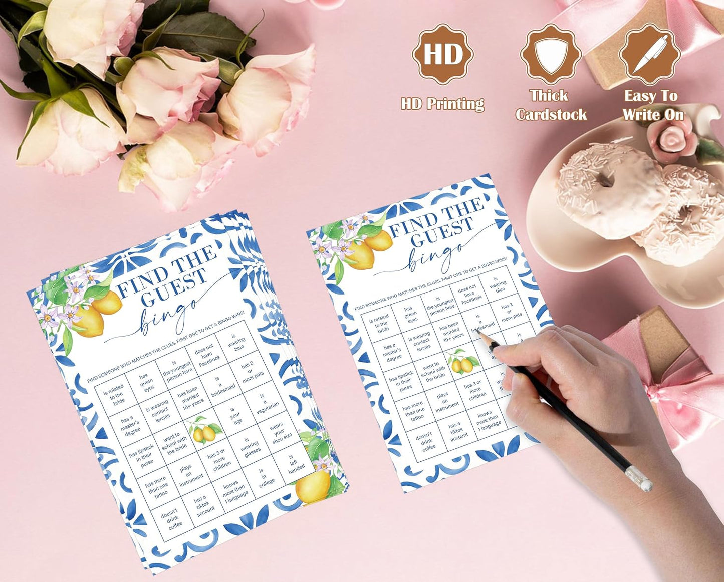 Mediterranean Lemon Find The Guest Bingo Bridal Shower Game, Pack of 30 Game Cards, Bridal Shower Decorations, Wedding Engagement Decor, Bachelorette Party Supplies - KR27