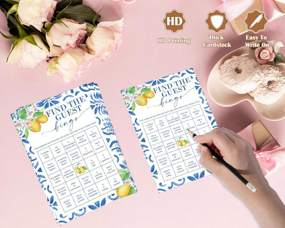 Mediterranean Lemon Find The Guest Bingo Bridal Shower Game, Pack of 30 Game Cards, Bridal Shower Decorations, Wedding Engagement Decor, Bachelorette Party Supplies - KR27