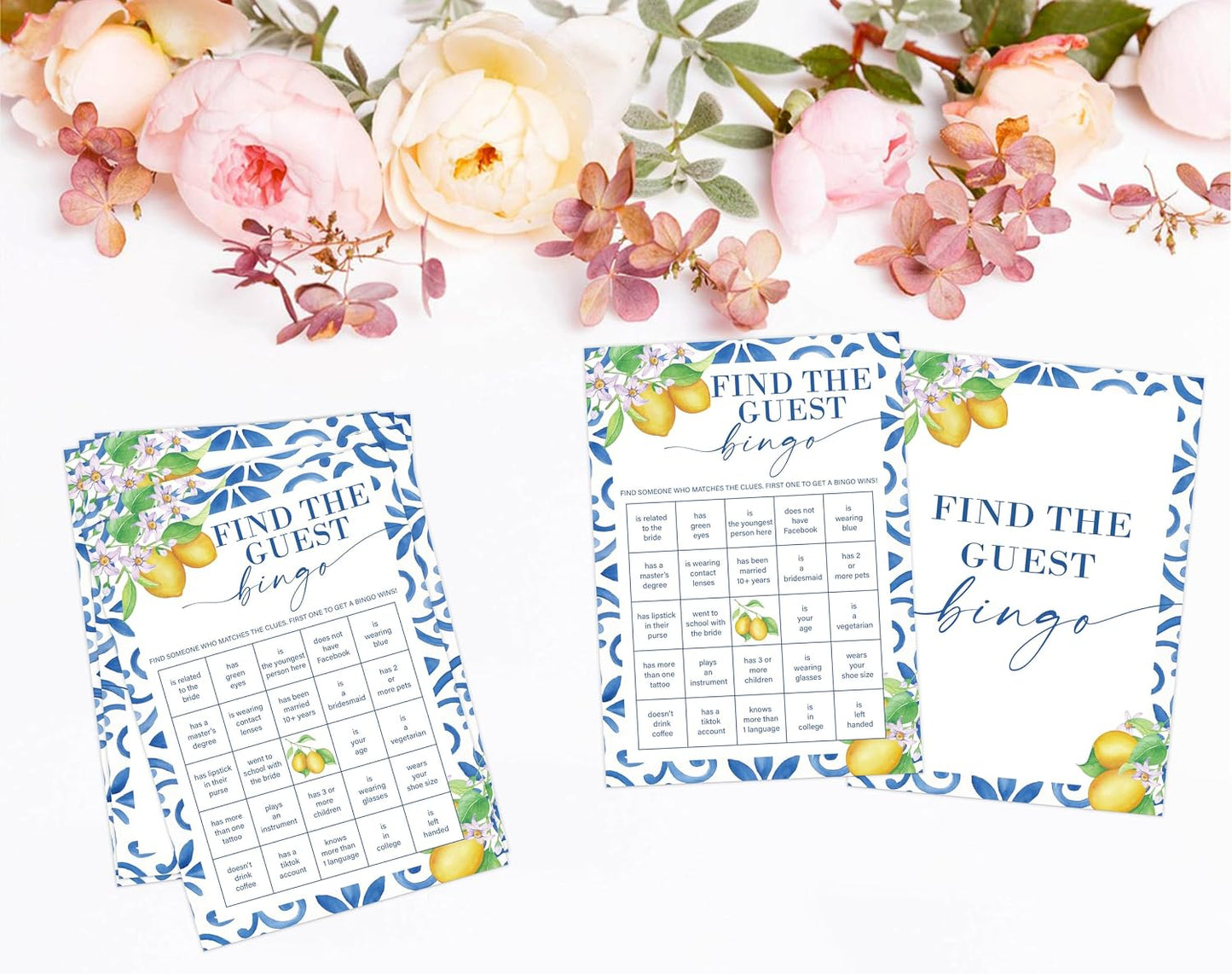 Mediterranean Lemon Find The Guest Bingo Bridal Shower Game, Pack of 30 Game Cards, Bridal Shower Decorations, Wedding Engagement Decor, Bachelorette Party Supplies - KR27