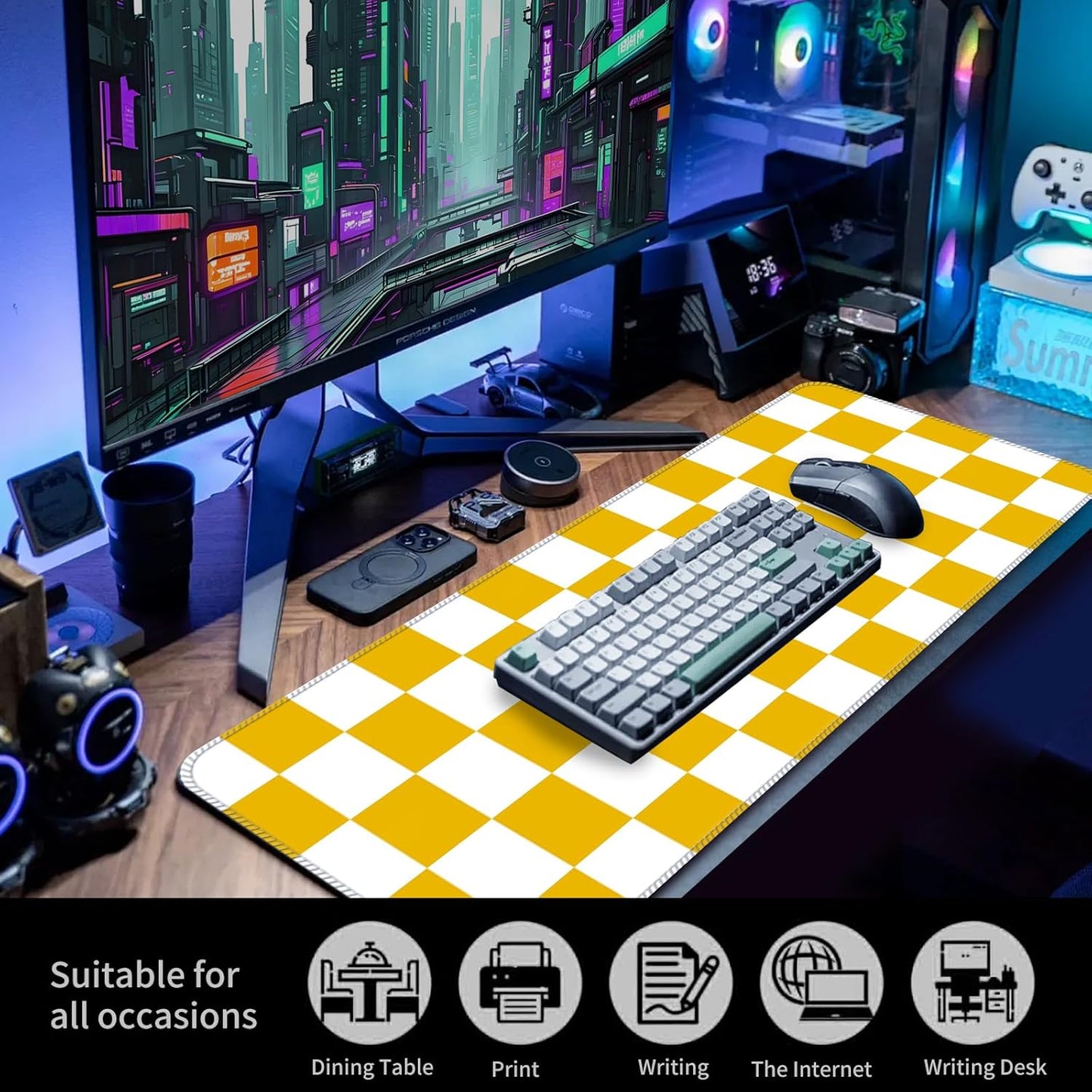 Large Gaming Mouse Pad, Computer Mouse Mat, Funny Desk Pad Protector Decoration, Big Cute Desk Pad, Non-Slip Base 31.5 x 11.8 in Yellow White Cute Plaid