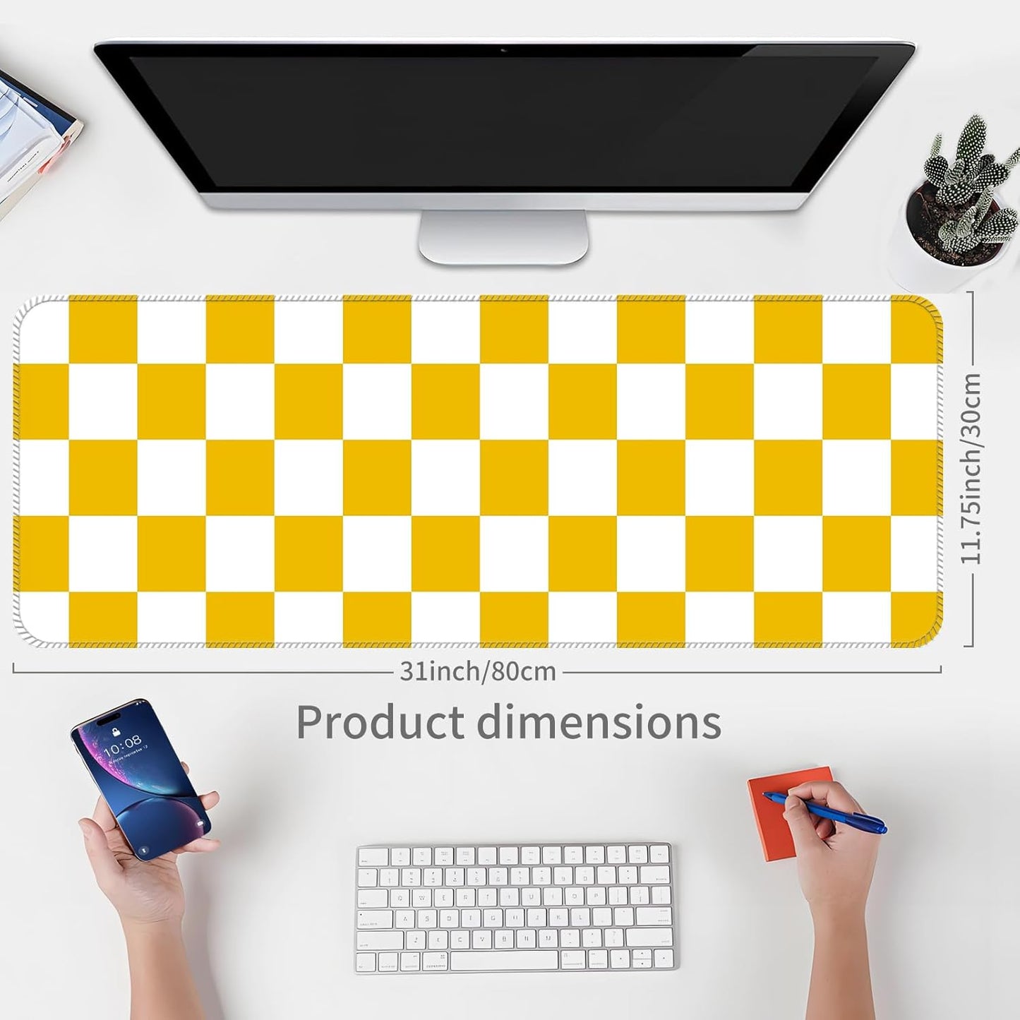 Large Gaming Mouse Pad, Computer Mouse Mat, Funny Desk Pad Protector Decoration, Big Cute Desk Pad, Non-Slip Base 31.5 x 11.8 in Yellow White Cute Plaid