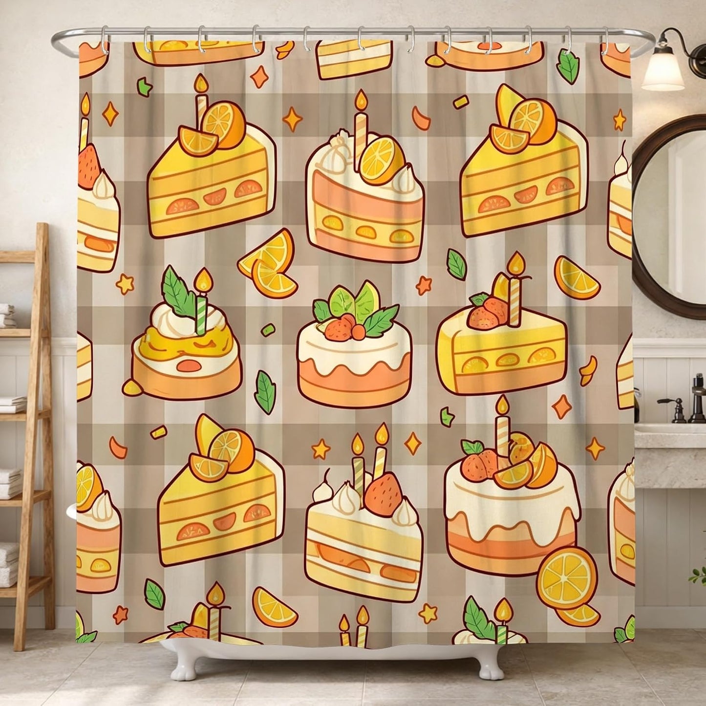 Cake Shower Curtain, Festive Playful Lemon Strawberry Birthday Yellow Waterproof Fabric Clawfoot Tub Shower Curtains Decor for Toile Bathroom Dorm 62x72 Inch