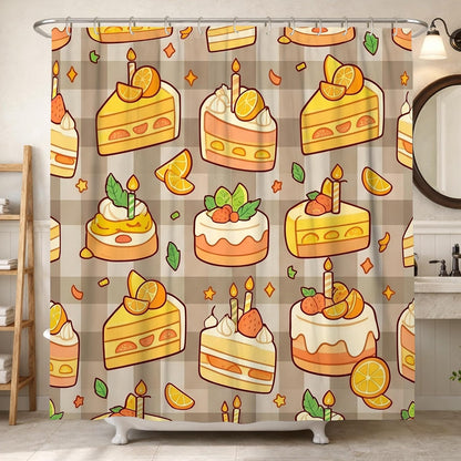 Cake Shower Curtain, Festive Playful Lemon Strawberry Birthday Yellow Waterproof Fabric Clawfoot Tub Shower Curtains Decor for Toile Bathroom Dorm 62x72 Inch