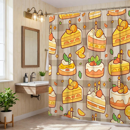 Cake Shower Curtain, Festive Playful Lemon Strawberry Birthday Yellow Waterproof Fabric Clawfoot Tub Shower Curtains Decor for Toile Bathroom Dorm 62x72 Inch