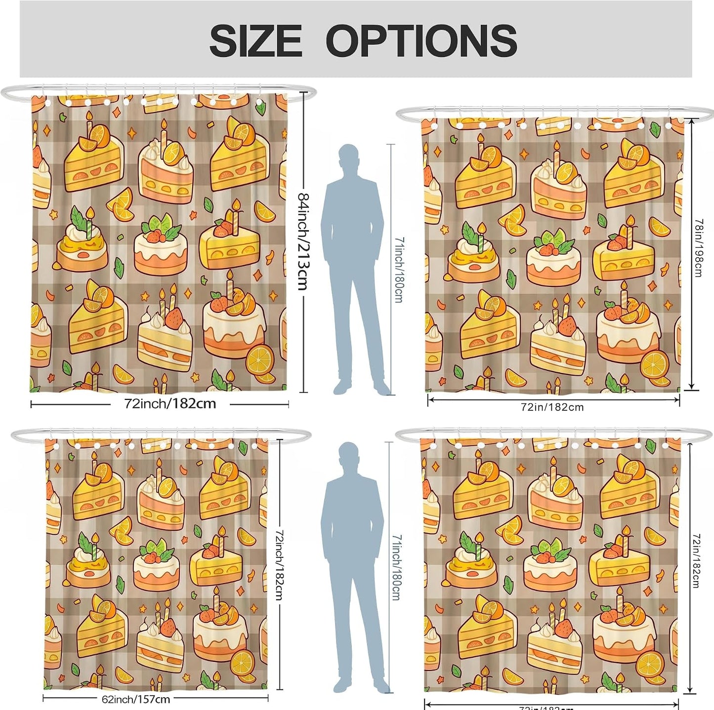 Cake Shower Curtain, Festive Playful Lemon Strawberry Birthday Yellow Waterproof Fabric Clawfoot Tub Shower Curtains Decor for Toile Bathroom Dorm 62x72 Inch