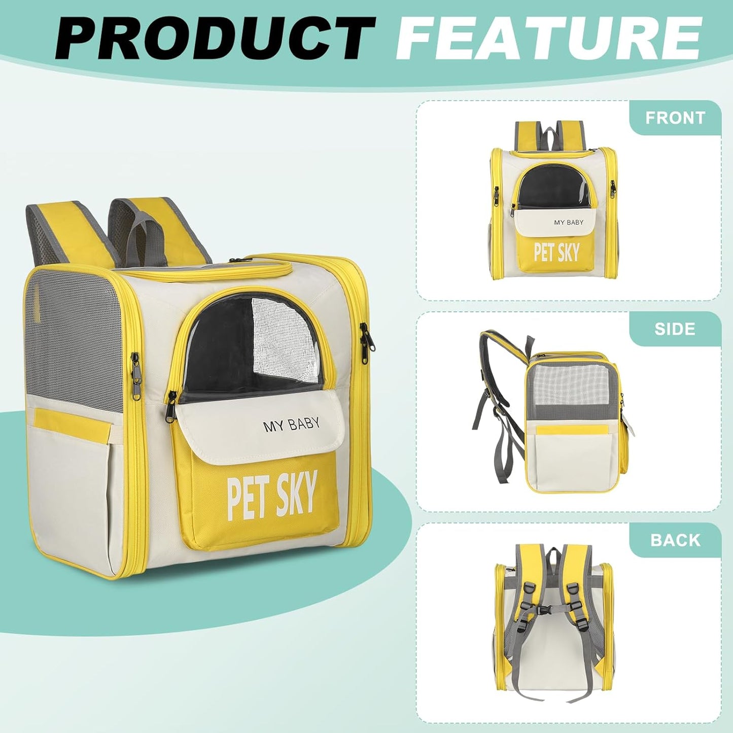 Cat Backpack Carrier, Large Space & Breathable, Pet Hiking Travel Backpack for Cats or Small Dogs Puppies, Intended for Hiking/Camping/Traveling (Yellow, 13"x11"x15")