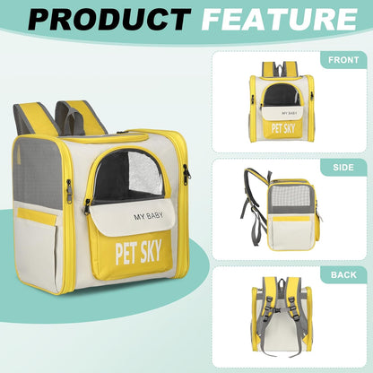 Cat Backpack Carrier, Large Space & Breathable, Pet Hiking Travel Backpack for Cats or Small Dogs Puppies, Intended for Hiking/Camping/Traveling (Yellow, 13"x11"x15")
