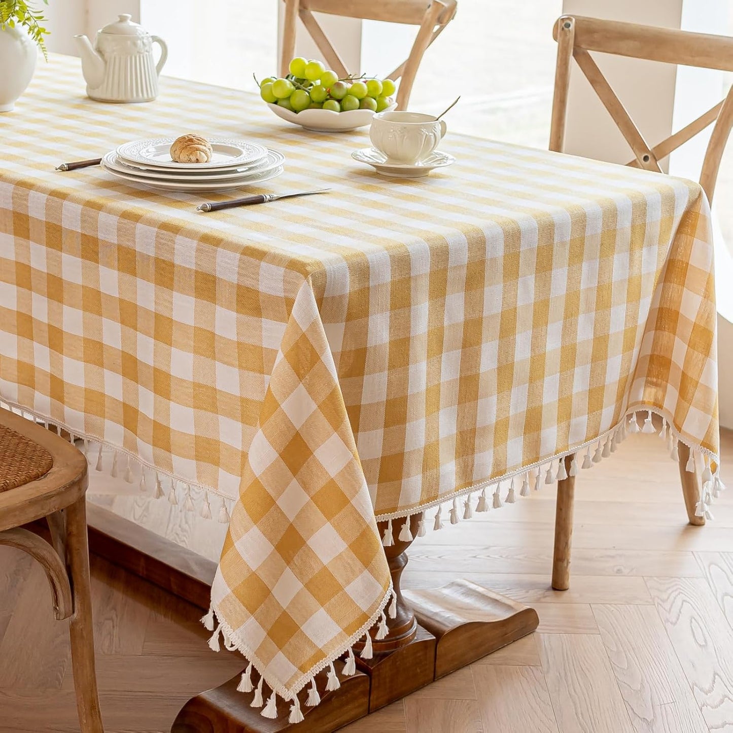 Yellow Gingham Tablecloth Rectangle, Picnic Cotton Linen Fabric Checkered Table Cloth Buffalo Plaid Table Cover with Tassel Wrinkle Free Washable for Kitchen Dining Summer, 55X75''