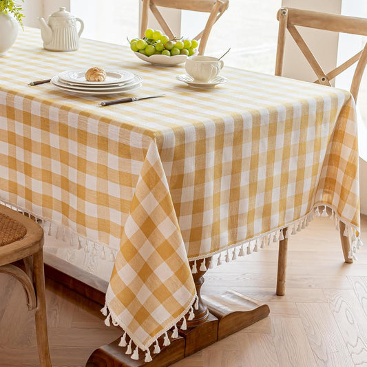 Yellow Gingham Tablecloth Rectangle, Picnic Cotton Linen Fabric Checkered Table Cloth Buffalo Plaid Table Cover with Tassel Wrinkle Free Washable for Kitchen Dining Summer, 55X75''
