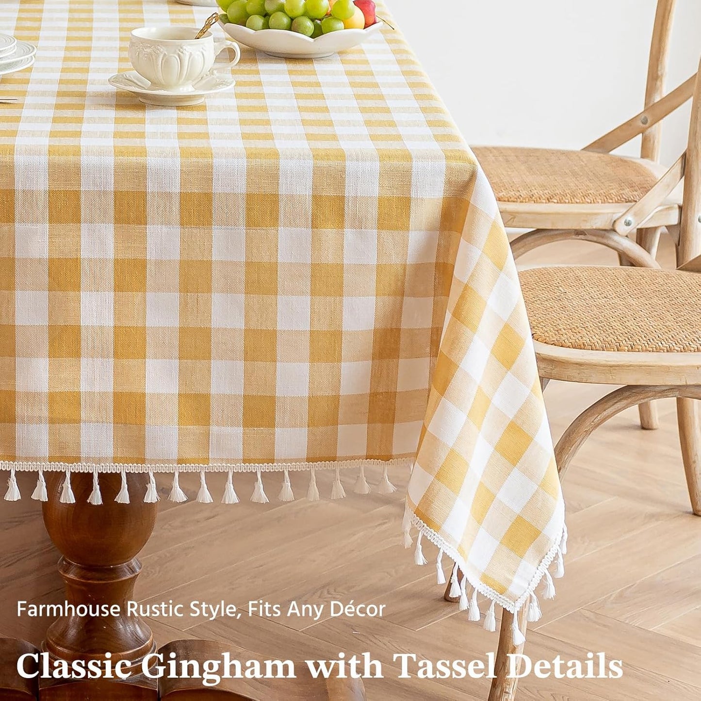Yellow Gingham Tablecloth Rectangle, Picnic Cotton Linen Fabric Checkered Table Cloth Buffalo Plaid Table Cover with Tassel Wrinkle Free Washable for Kitchen Dining Summer, 55X75''