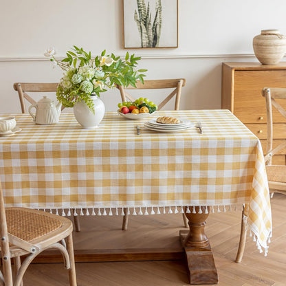 Yellow Gingham Tablecloth Rectangle, Picnic Cotton Linen Fabric Checkered Table Cloth Buffalo Plaid Table Cover with Tassel Wrinkle Free Washable for Kitchen Dining Summer, 55X75''