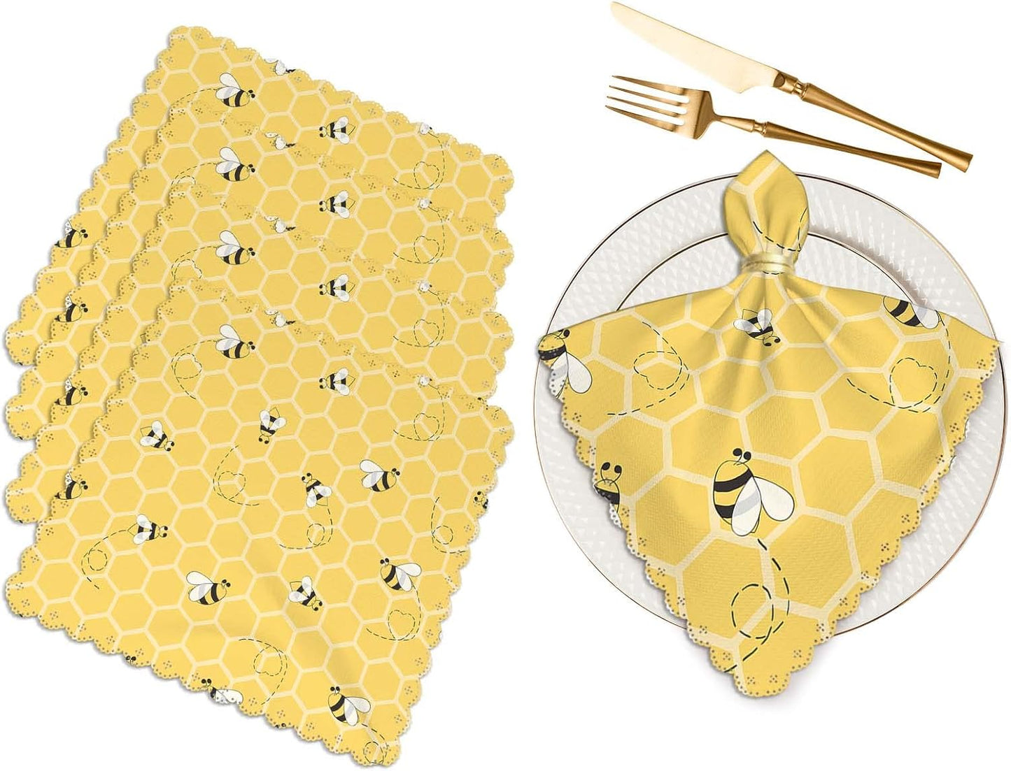 Cute Bees Cloth Table Napkins Set of 4 On The Honey Honeycombs Yellow Background Table Decoration Dinner Napkins for Kitchen 18 x 18 inch
