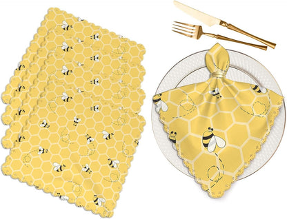 Cute Bees Cloth Table Napkins Set of 4 On The Honey Honeycombs Yellow Background Table Decoration Dinner Napkins for Kitchen 18 x 18 inch
