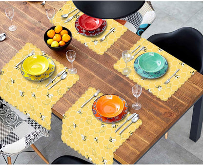 Cute Bees Cloth Table Napkins Set of 4 On The Honey Honeycombs Yellow Background Table Decoration Dinner Napkins for Kitchen 18 x 18 inch