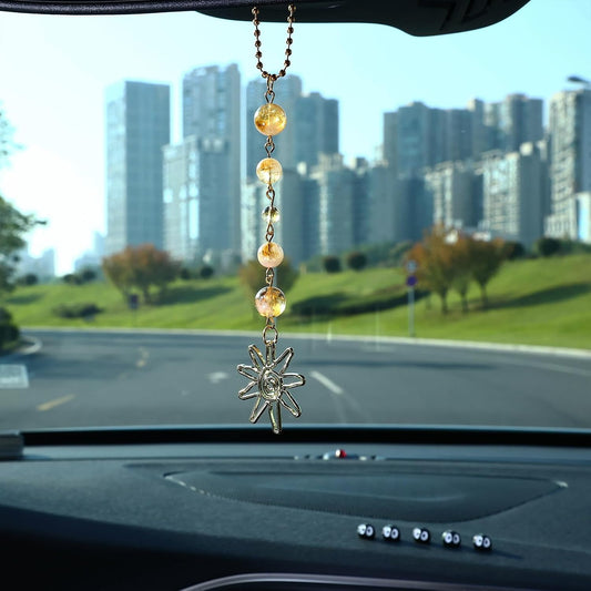 Car Rear View Mirror Accessories Sunny Car Hanging Ornament, Clear Yellow Aventurine Rearview Decor Charm Beaded Crystal Cute Boho Handmade Swinging Interior Decor for Women Men