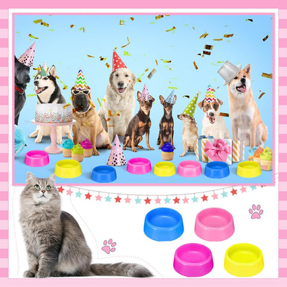 24 Pcs Puppy Bowls Puppy Birthday Party Supplies Pet Plastic Bowls Reusable Cat Food Feeding Water Dish Candy Colour Pet Dish for Dog Birthday Party Favors Blue Rose Red Yellow and Pink