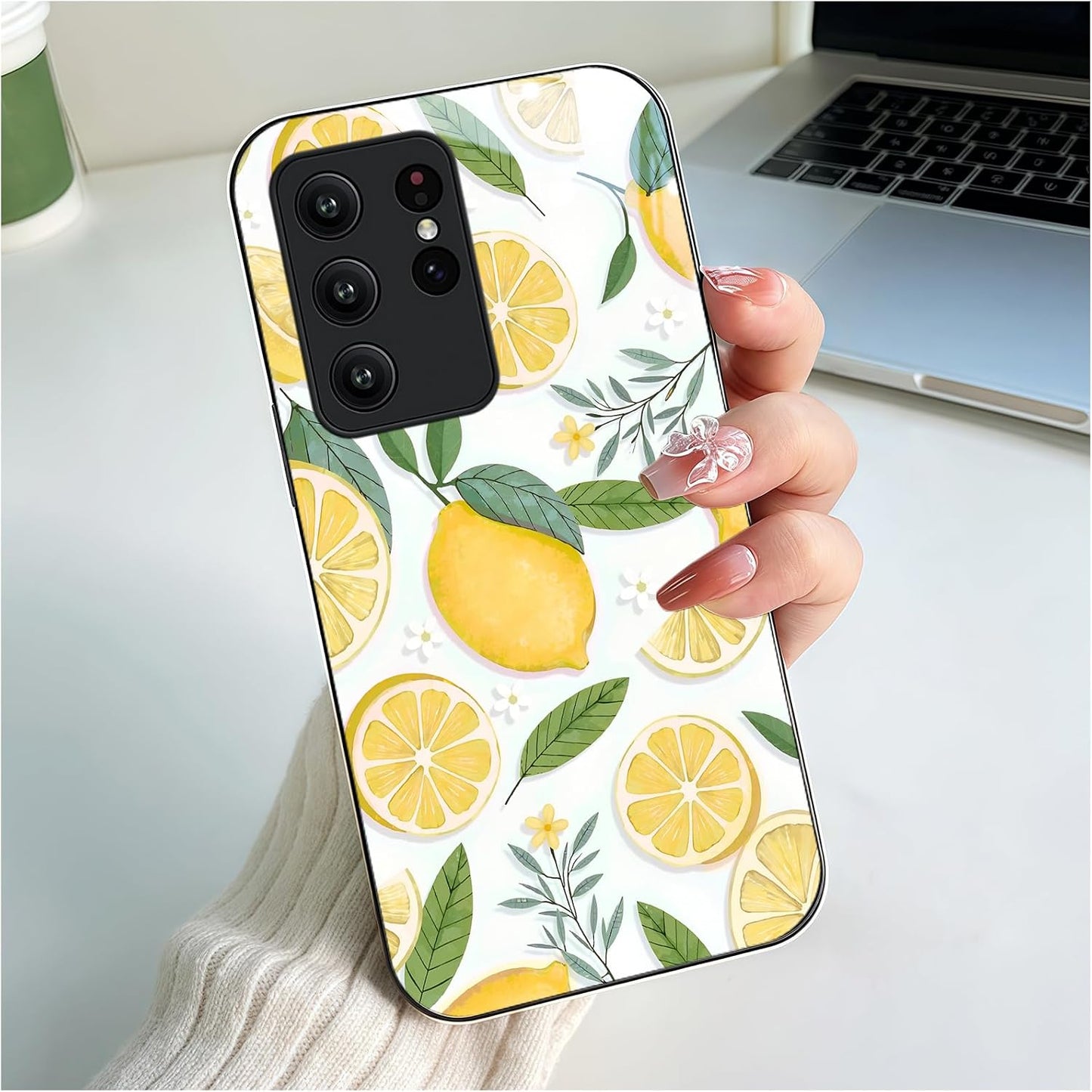 for Samsung Galaxy S22 Ultra Case 6.8 inch Watercolor Lemon & White Pattern, Glossy Smooth Hard Finish Case, Fresh & Vibrant & Playful Style, Fruit Lovers, Summer Gift