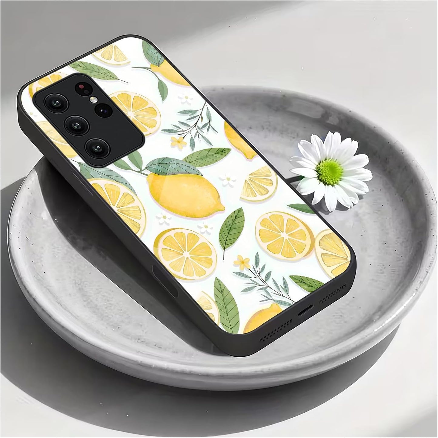 for Samsung Galaxy S22 Ultra Case 6.8 inch Watercolor Lemon & White Pattern, Glossy Smooth Hard Finish Case, Fresh & Vibrant & Playful Style, Fruit Lovers, Summer Gift