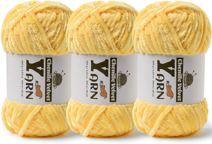 Chenille Crochet Light Yellow Yarn 3 Pack | Fluffy Velvet Yarn Blanket Knitting Yarn for Crocheting Soft Baby Yarn