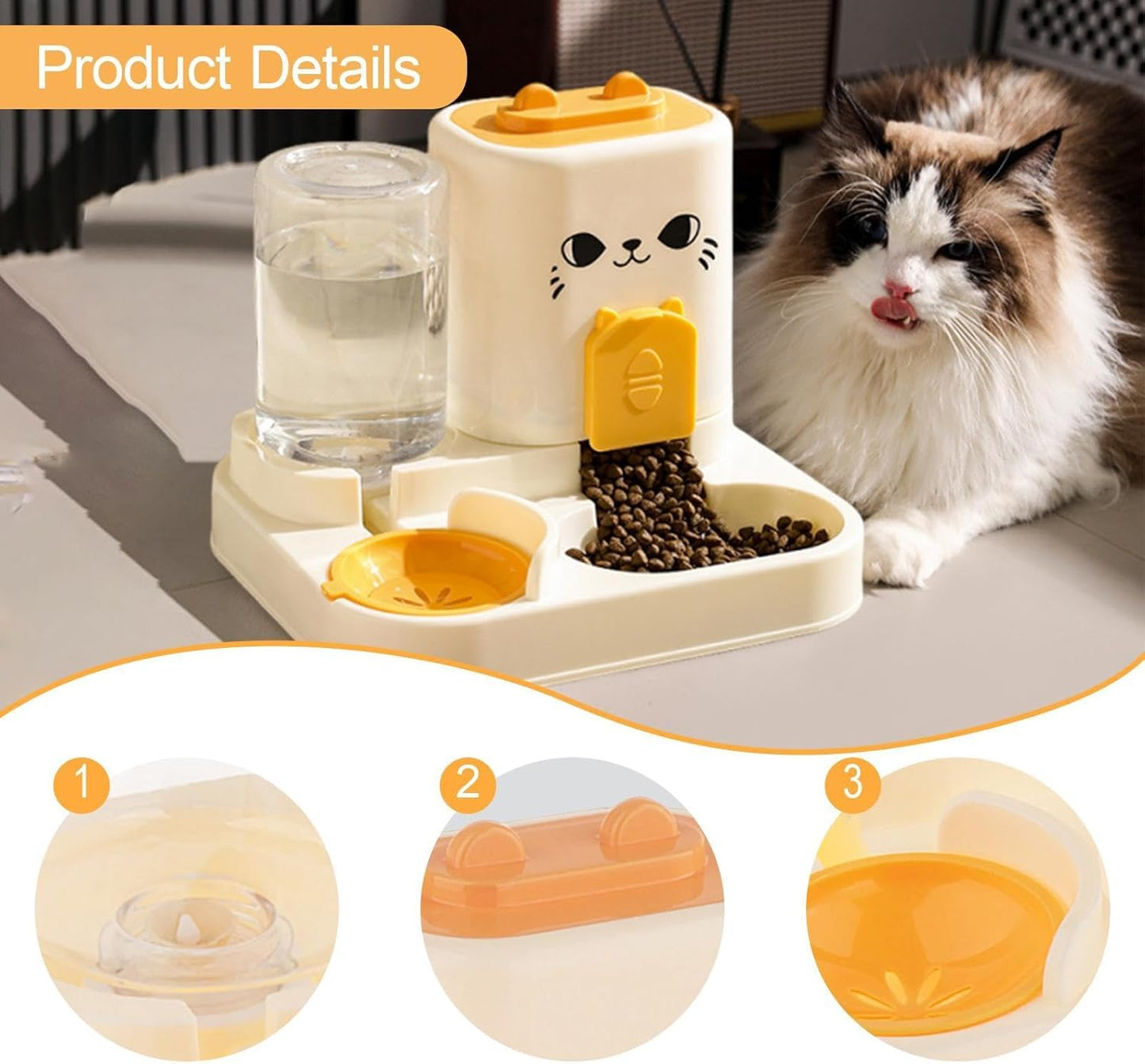 Automatic Pet Feeder Dispenser 2 in 1 Food Bowl Water Container PP Material Easy Clean Detachable Structure Suitable for Home Feeding Cats Small Dogs, Yellow