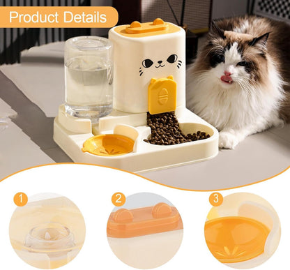 Automatic Pet Feeder Dispenser 2 in 1 Food Bowl Water Container PP Material Easy Clean Detachable Structure Suitable for Home Feeding Cats Small Dogs, Yellow