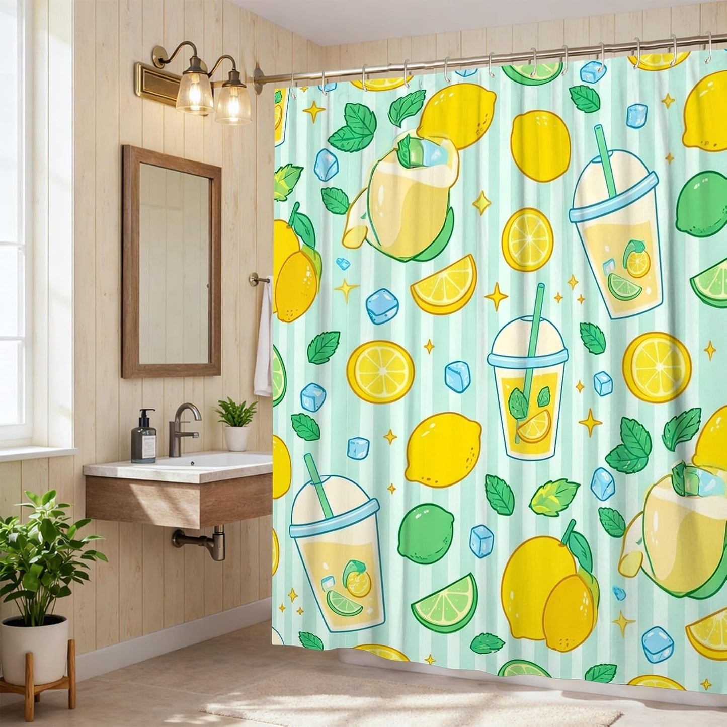 Lemon Shower Curtain, Summer Playful Lime Ice Block Summer Yellow Polyester Waterproof Decorative Bathroom Curtain for Bathroom Toile Guest Room Decor 62x72 Inch