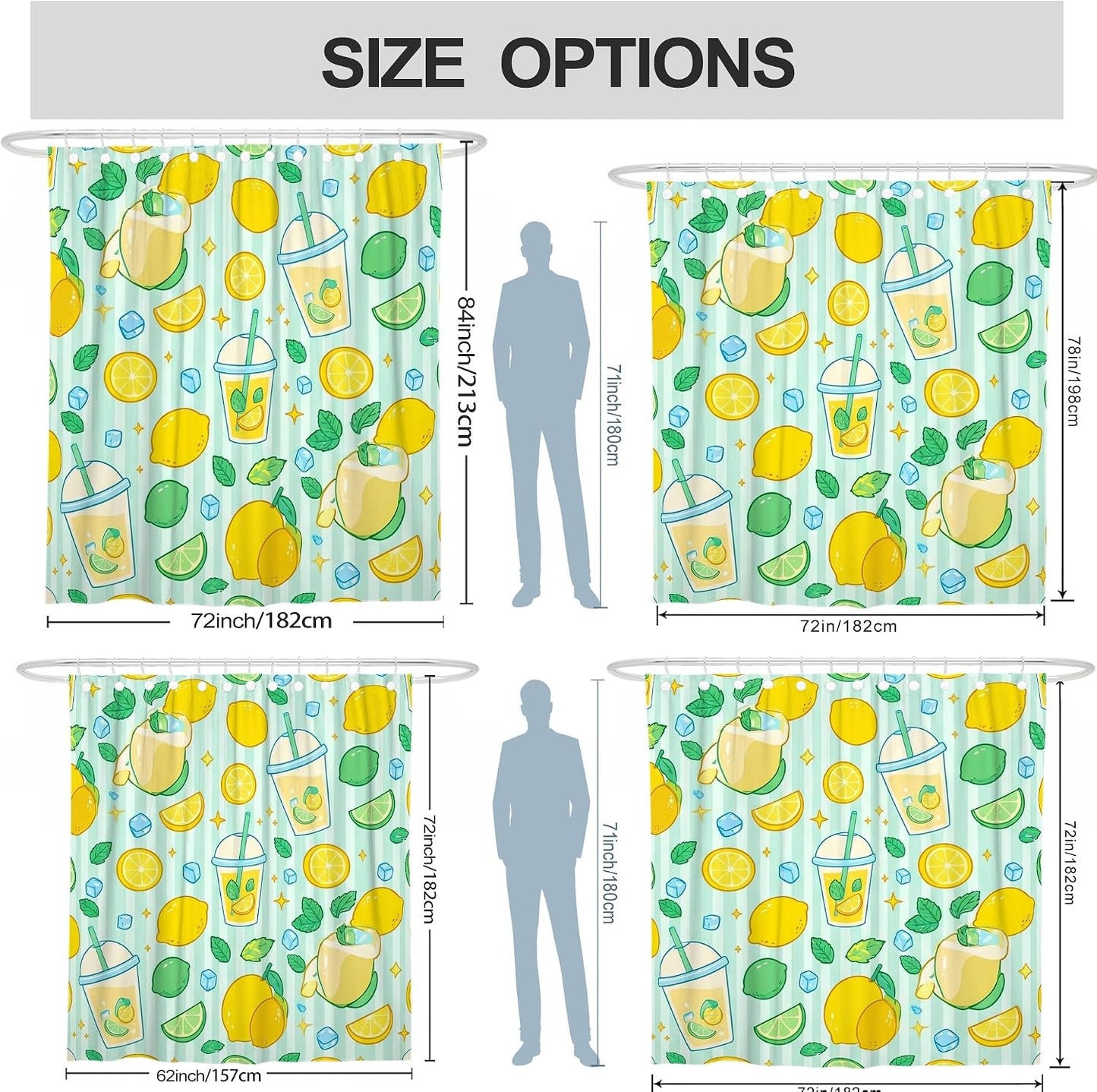 Lemon Shower Curtain, Summer Playful Lime Ice Block Summer Yellow Polyester Waterproof Decorative Bathroom Curtain for Bathroom Toile Guest Room Decor 62x72 Inch