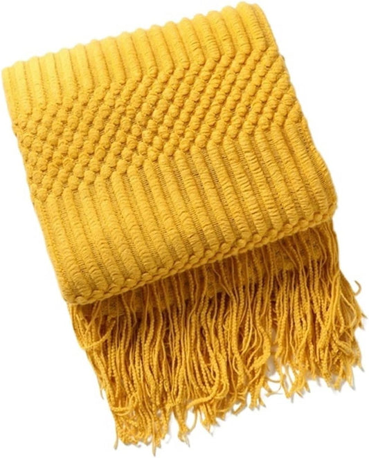 Knitted Blanket with Tassels Chunky Vintage Luxury Farmhouse Throw Bedspread Oversized Cover for Couch and Bed(Yellow,130x170cm)