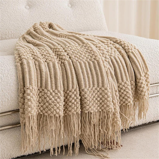 Knitted Blanket with Tassels Chunky Vintage Luxury Farmhouse Throw Bedspread Oversized Cover for Couch and Bed(Yellow,130x170cm)